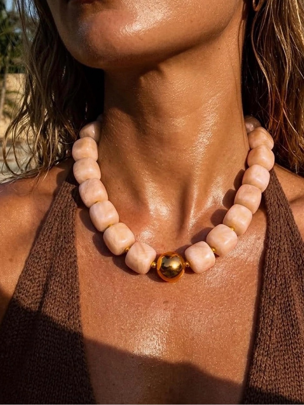 Gold Accent Pink Bead Statement Necklace